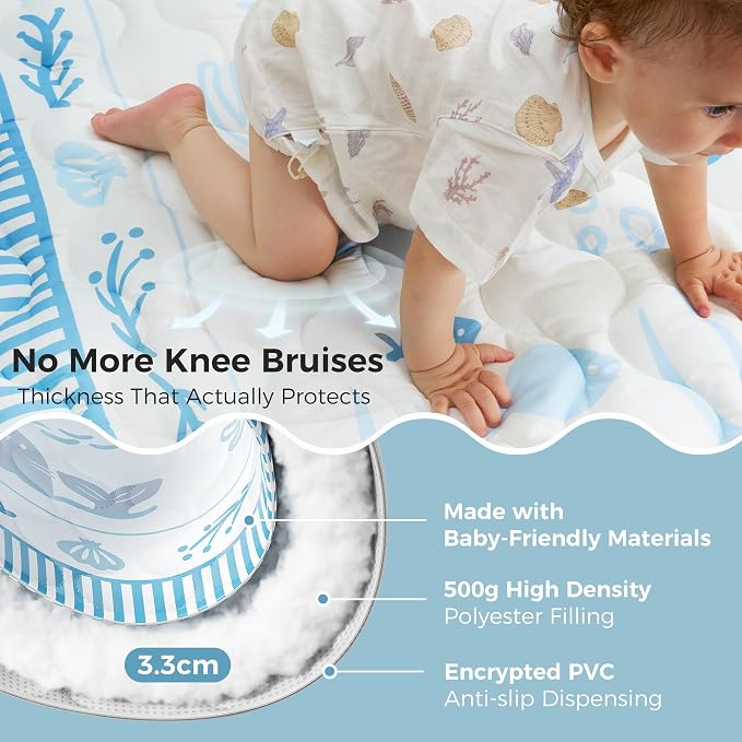 Momcozy Baby Play Mat for Floor, 50"x50" Thickened Playpen Mat | Playmate for Baby Tummy Time, Waterproof & Non-Slip, Foldable Outdoor Mat with Carrying Handle, Ocean Parade