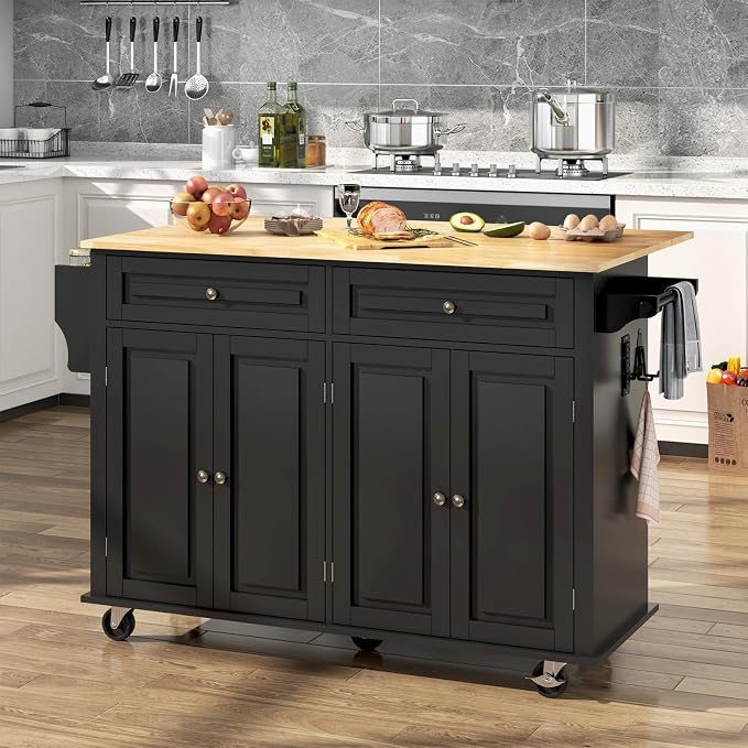 Hlivelood 55" Movable Kitchen Island with Drop Leaf and Power Outlet, Rolling Cart with Storage Cabinet, Island Table on Wheels for Kitchen with 2 Drawers, Spice Rack, Towel Bar, Garage Hook, Black