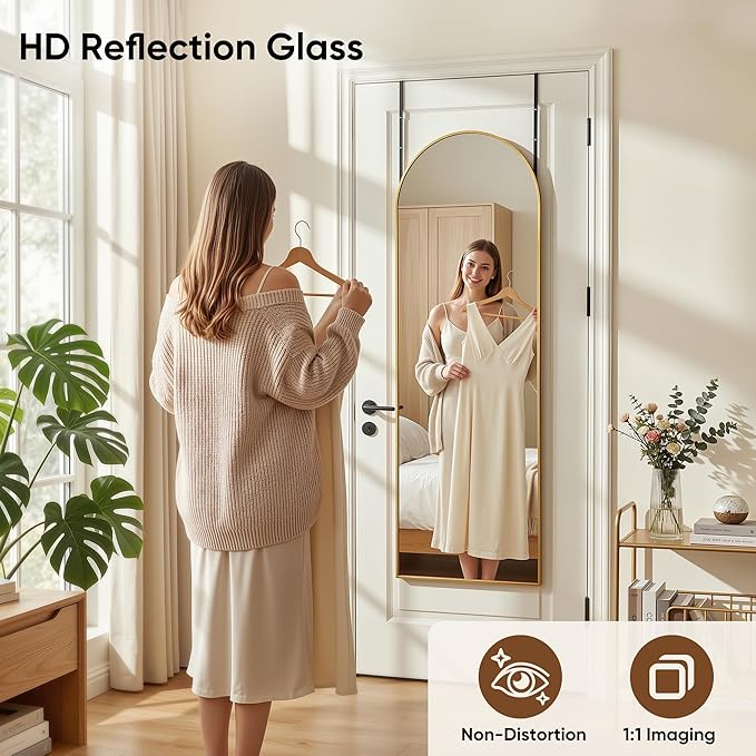 58"x20" Over The Door Mirror, Arched Full Length Mirror with Aluminum Frame, Adjustable Hooks, Wall Mounted or Standing for Bedroom Living Room, Gold