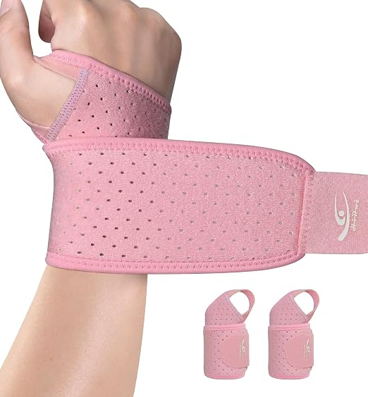 HiRui Wrist Wraps 2-Pack, Adjustable Breathable Wrist Support Brace for Men & Women – Pain Relief for Carpal Tunnel Syndrome, Tendonitis, Arthritis, Sports, Workouts – Fits Left & Right Hand (Pink)