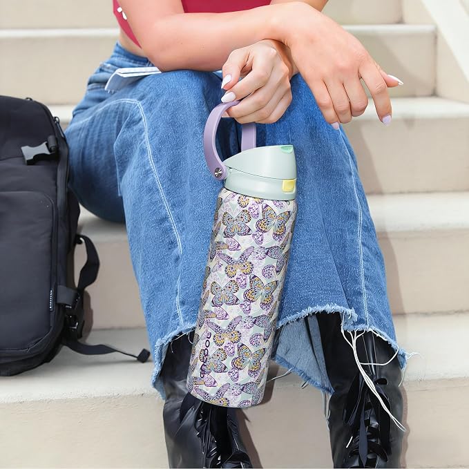 ENCOOL Leakproof Insulated Water Bottle with Straw Dual-Sip Water Bottle Bag-Safe Design for Work, Commute & Gym – Keeps Drinks Cold All Day, 24 oz, Mosaic Butterfly