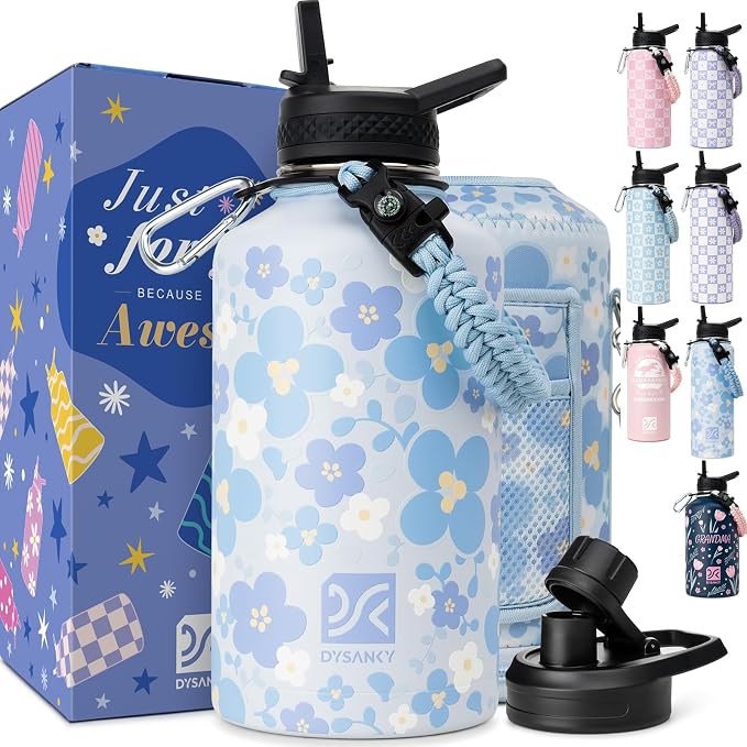 DYSANKY Water Bottle Gift– 64 oz Insulated Stainless Steel Bottle with Carrier Bag, Strap & Gift Box – BPA-Free – Ideal for Hiking, Camping & Travel - Blue Flower 64 oz