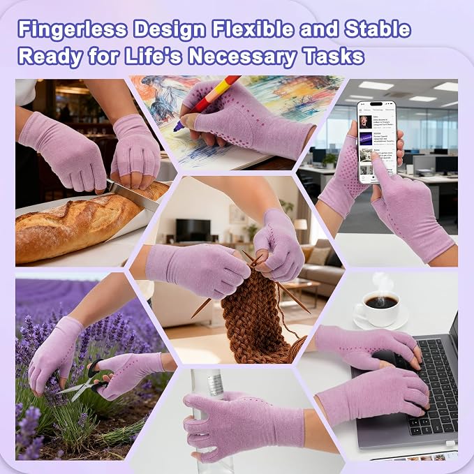 DRNAIETY 2-Pair Arthritis Compression Gloves- for Hand Arthritis, Carpal Tunnel Pain, Rheumatoid Arthritis, RSI, Fingerless, Anti-Slip, Breathable Gloves for Men & Women, Typing, Daily Use(XL Purple)