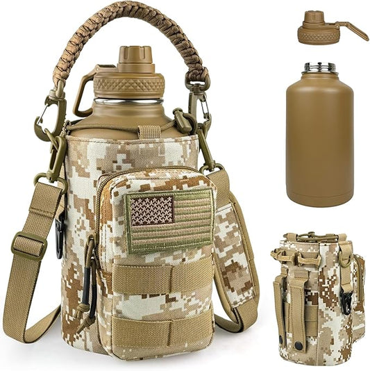 DEFUNX Half Gallon Water Bottle Insulated with Sleeve - Tactical 64 oz Stainless Steel Water Jug with MOLLE Water Bottle Pouch, Gym Water Bottles for Men Hiking Workout (Desert Digital Camo)