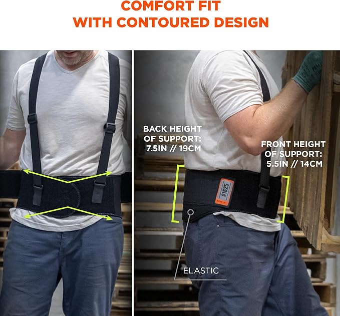 Ergodyne - 11118 ProFlex 1625 Back Support Brace, Stays and Rubber Webbing for Snug Fit, Removeable Straps, Adjustable Black