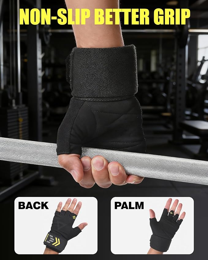 2-in-1 Workout Gloves, Weight Lifting Gloves with Wrist Wrap Support for Men & Women, Ventilated Fingerless Padded Gym Glove for Weightlifting Pull-Ups & Fitness Training