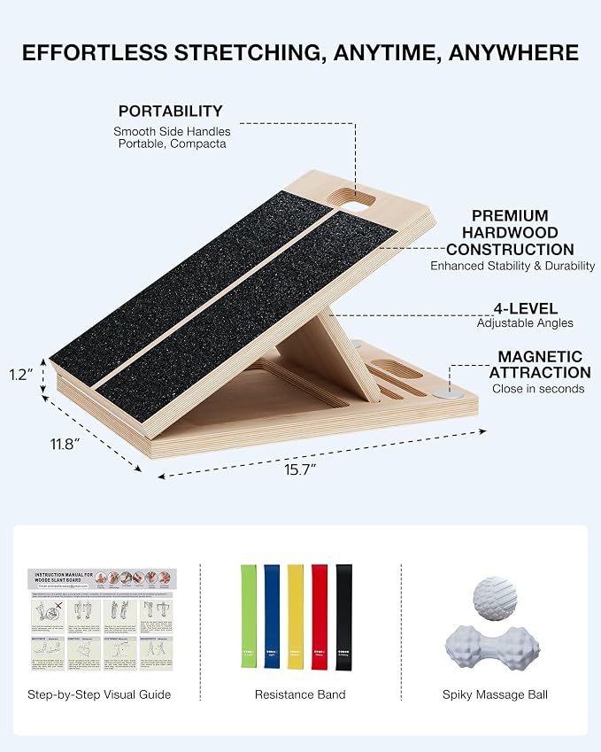 TEMI Slant Board for Calf-Stretching - Wooden Incline Wedge Stretcher for Squats, Foot & Ankle Mobility, Portable Fitness Equipment, Stretch & Rehab Kit