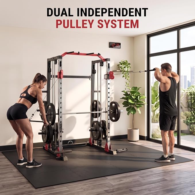 Smith Machine Home Gym – 2200LBS Multi-Function Squat Rack with Smith Bar | Power Cage,LAT Pulldown,Cable Crossover System,Dual Pulley Station,360° Landmine, Heavy Duty Full Body Workout Equipment