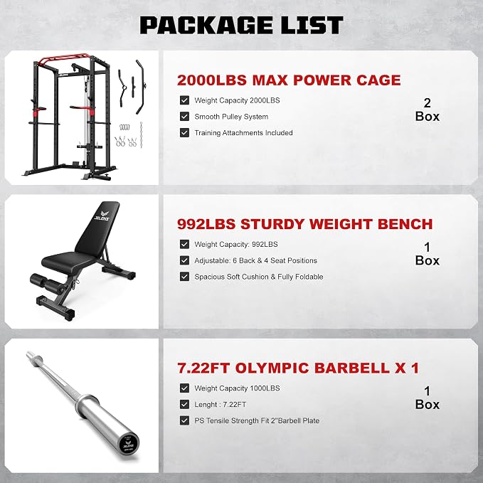 JELENS S11 Power Cage, 2000LB Multi-Function Power Rack with LAT Pulldown, Squat Rack with Adjustable Pulley System and Training Attachments, Weight Rack for Home Gym