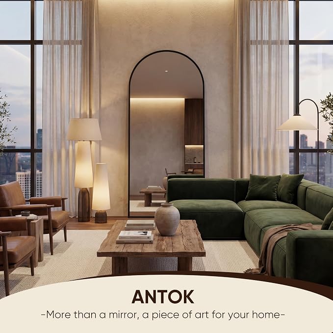 Antok 58" x19” Arched Full Length Floor Mirror, Black Aluminum Frame, Free Standing/Wall Mount/Leaning for Bedroom, Living Room, Dressing Room