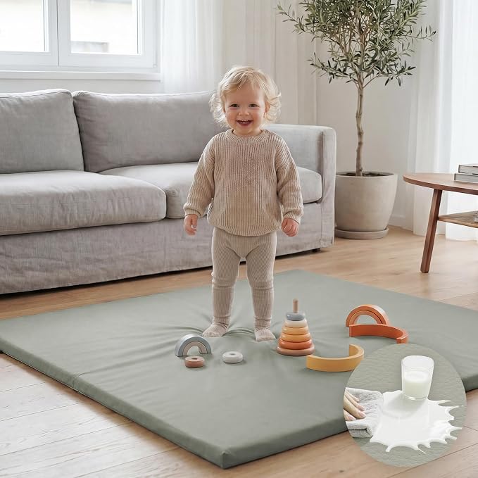 Huloo Sleep Baby Play Mat 50x50 Inches,1.3" Thick Padded Waterproof Floor Cushion & Playpen Mat with Vegan Leather,Non-Slip & Non-Toxic Nursery Rug for Infants, Toddlers & Kids(Grey)