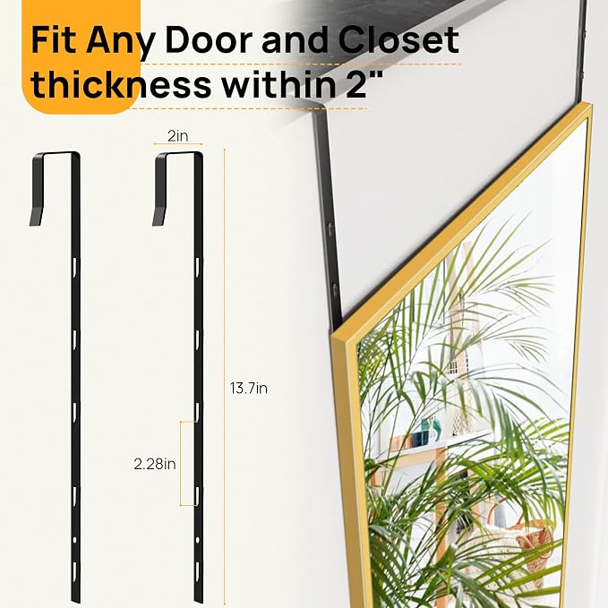 Gold Arched Over The Door Mirror, 47x14 Inches Full Length Hanging Mirror | No Drill Door Hanging Setup for Closet, Space Saving Door Mount Design for Closet, Bedroom Decor, Living Room Décor
