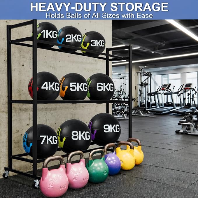 Medicine Ball Rack, Heavy Duty Medicine Ball Storage Stand, Rolling Med Ball Holder and Organizer for Home, Gym