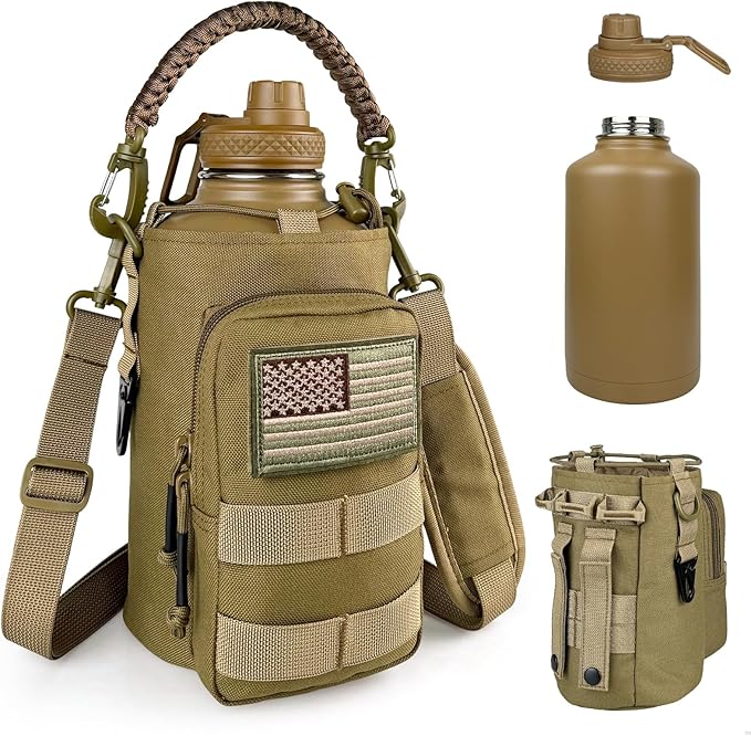 DEFUNX Half Gallon Water Bottle Insulated with Sleeve - Tactical 64 oz Stainless Steel Water Jug with MOLLE Water Bottle Pouch, Gym Water Bottles for Men Hiking Workout (Brown)