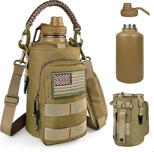 DEFUNX Half Gallon Water Bottle Insulated with Sleeve - Tactical 64 oz Stainless Steel Water Jug with MOLLE Water Bottle Pouch, Gym Water Bottles for Men Hiking Workout (Brown)