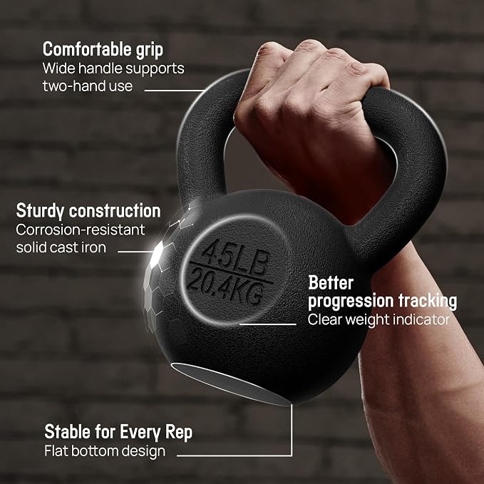 Yes4All Cast Iron Kettlebell, Strength Training Kettlebells 5-80 Lb (5,10,15,20,25,30,35,40,45,50,60,70,80 Lb) for Full Body Workout, Push up, Strength Training - Single & Kettlebell Set of 2 for Men