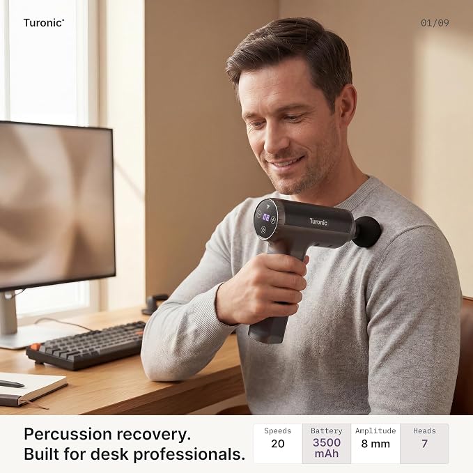 Turonic Professional Handheld Massage Gun - Deep Tissue Percussion Massager | 20 Speeds, 7 Heads, Quiet, Powerful, Portable, Cordless, Great for Athletes, Personal Use, Shoulder, Foot, Back Body, GM5