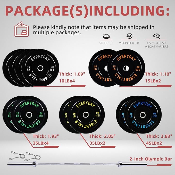Fitvids 2-Inch Olympic Bumper Plates, Perfect Weight Plates for Weightlifting and Strength Training, Multiple Weights Available