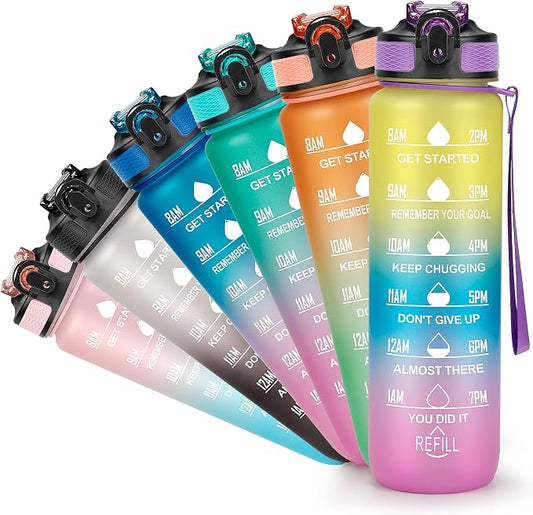 YC Kitchen Motivational Water Bottle with Time Marker - 32oz, Leak-proof BPA Free Sports Water Bottles with Straw & Carrying Strap