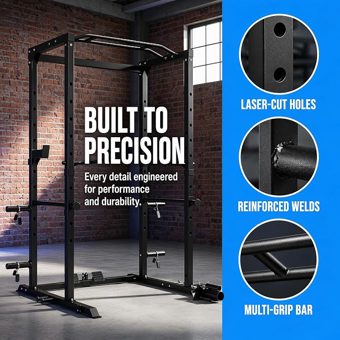 5-in-1 Power Rack Heavy Duty Home Gym | 5 Configs: Only, +Pulley, +Bench, +150LB, +240LB. 1200LB, 50x50mm, 83"H. J-Hooks, Safety Bars, Landmine. Olympic 2" Plates.