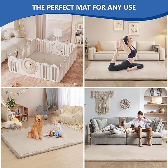 Baby Play Mat for Floor,1.3" Thick Elasti Foam Tummy Time Mat,Soft Coral Velvet Nursery Rug,79"×118" Extra Large Non Slip for Crawling,Toddlers,Infants,kids,Tatami Style for Living Room,Classroom,Playroom(Beige)