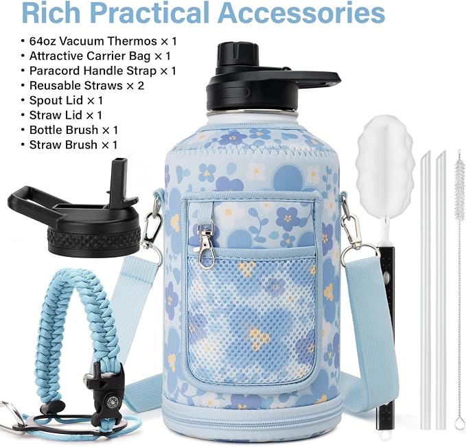 DYSANKY Water Bottle Gift– 64 oz Insulated Stainless Steel Bottle with Carrier Bag, Strap & Gift Box – BPA-Free – Ideal for Hiking, Camping & Travel - Blue Flower 64 oz