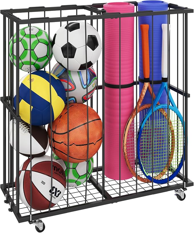 Large Capacity Garage Ball Storage- [Hold 16-20 Balls]: Rolling Sports Equipment Organizer Cart with Elastic Rope, Ball Rack with Wheels for Basketball, Soccer, Football, Indoor/Outdoor, Black