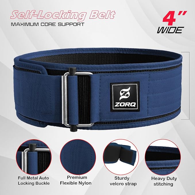 ZORQ Self-Locking Weight Lifting Belt - 4 Inch Wide Quick-Locking Gym Belt for Men & Women - Professional Weightlifting Belt for Olympic Lifting, CrossFit, Squats & Deadlifts - Back Support