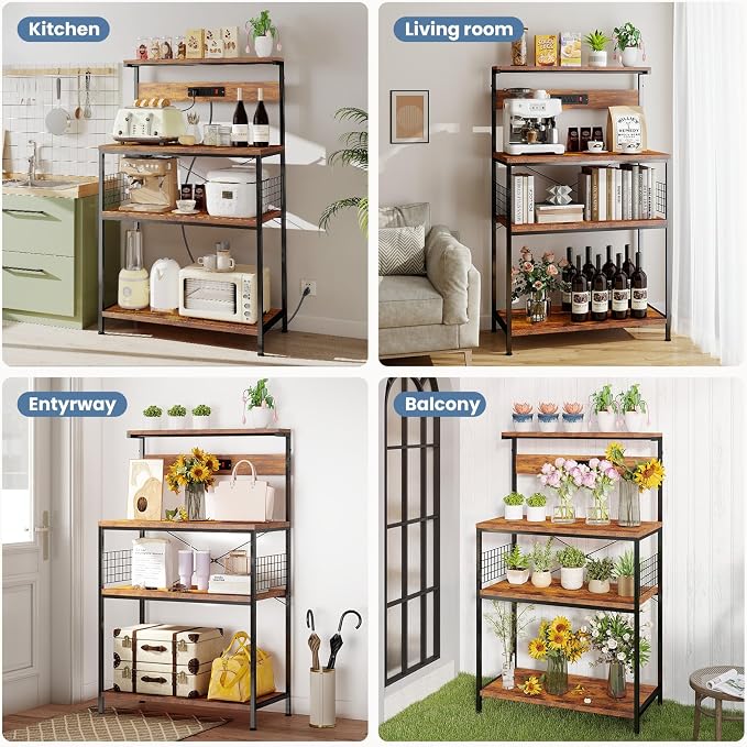DUMOS 31.5" Bakers Rack with Power Outlet for Kitchen Organization | Microwave Stand with 3 AC Outlets, On/Off Switch and 6.5ft Power Cord, 3 Open Tiers and Adjustable Middle Shelf, Brown