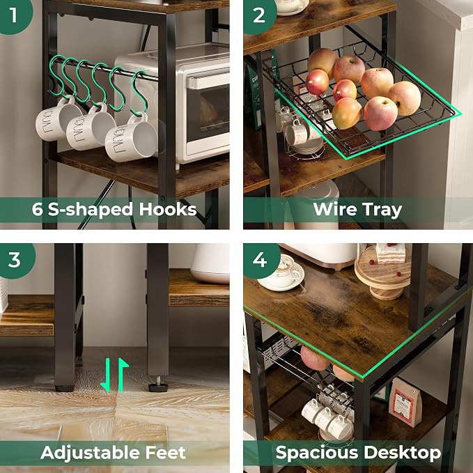 SUPERJARE Bakers Rack with Power Outlet, 35.4 Inches Coffee Bar with Basket | Kitchen Microwave Stand with 13 S-Shaped Hooks, Open Storage Shelves, Rustic Brown