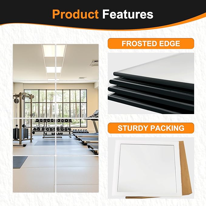 Delma Frameless Mirror Tiles 14"x12"x8 Pcs Wall Mounted | Shatter Resistant, Full Length, Tempered Glass Panels, For Home Gym Bathroom Bedroom & Living Room Decor
