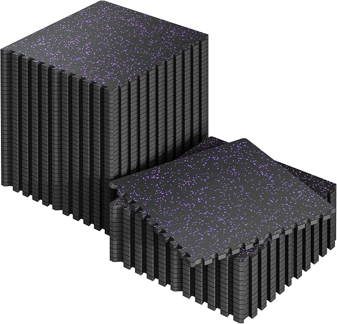 SUPERJARE 0.56'' Thick 48 Pcs 192 Sq Ft Rubber Top Exercise Equipment Mats, High Density EVA Foam Mats with Rubber Top, Interlocking Gym Flooring for Home Gym, Protective Workout Mat, Black/Purple