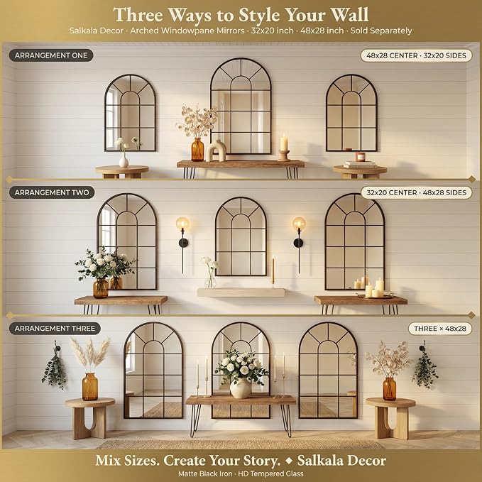 48x28Inch Arched Window Pane Mirror| Black Arched Mirrors for Wall & Floor | Arch Mirror Full Length for Entryway Living Room & Bedroom | Oversized Mirrors | Wall Art Decorative |Farmhouse Décor