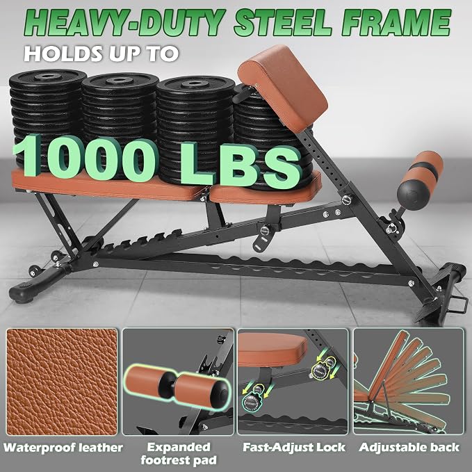 1000 LBS Adjustable Weight Bench with Roman Chair 75°to -20°FID | Utility Workout Bench for Home Gym Sit Up/Decline/Incline Bench Press Exercise Equipment Strength Training