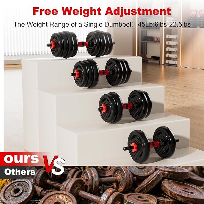 Adjustable Dumbbell Set,20/30/45/70/90lbs Free Weight with Connector | 5 in1 Dumbbells Set Used as Barbell, Kettlebells, Push up Stand,Weight Plate, Fitness Exercises for Home Gym