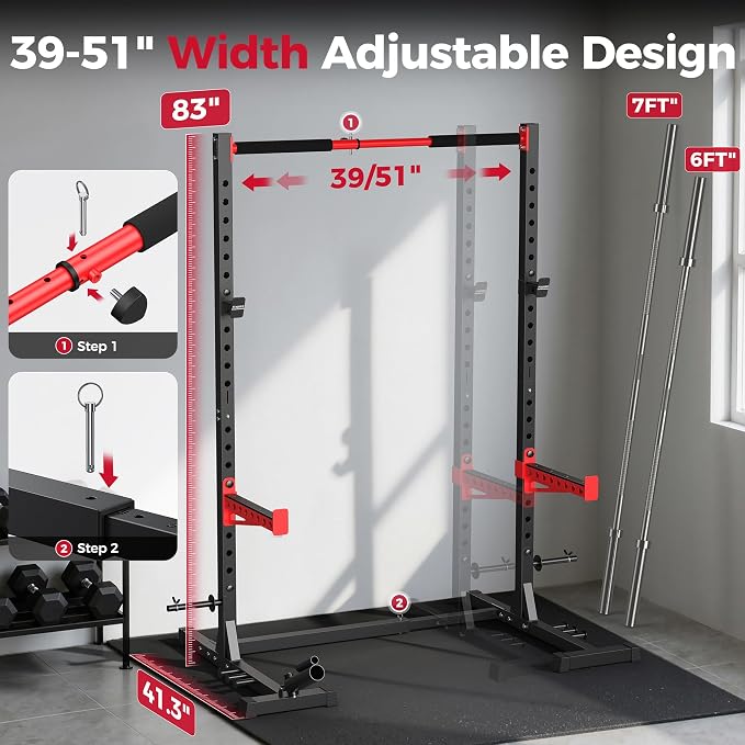FLYBIRD SR1 Squat Rack, Adjustable Power Rack for 6FT/7FT Barbells | Squat Rack for Home Gyms with Pull-Up Bar,22 Adjustment Positions, J-Hooks and Safety Spotter Arms w/ 110/180LBS Home Package