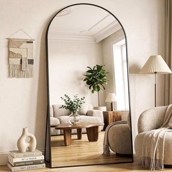 77"x38" Arched Full Length Mirror with Stand, Free Standing Leaning Wall Mounted Aluminum Alloy Frame Mirror for Bedroom Living Room Cloakroom, Black