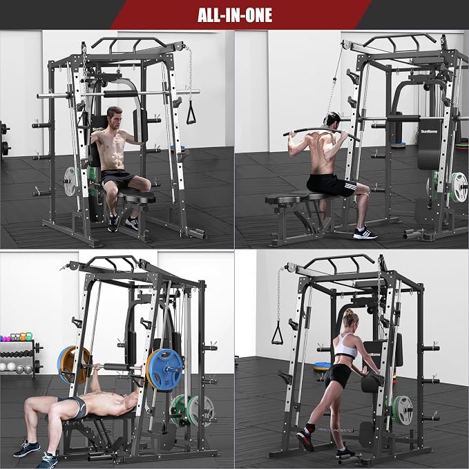 SunHome Smith Machine, 2000LBS Power Cage Squat Rack with Smith Bar, LAT Pull-Down Systems, Cable Crossover Machine for Home Gym