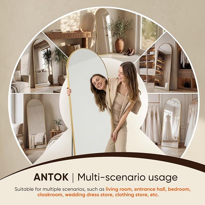 Antok 71" x28” Arched Full Length Floor Mirror, Gold Aluminum Frame, Free Standing/Wall Mount/Leaning for Bedroom, Living Room, Dressing Room