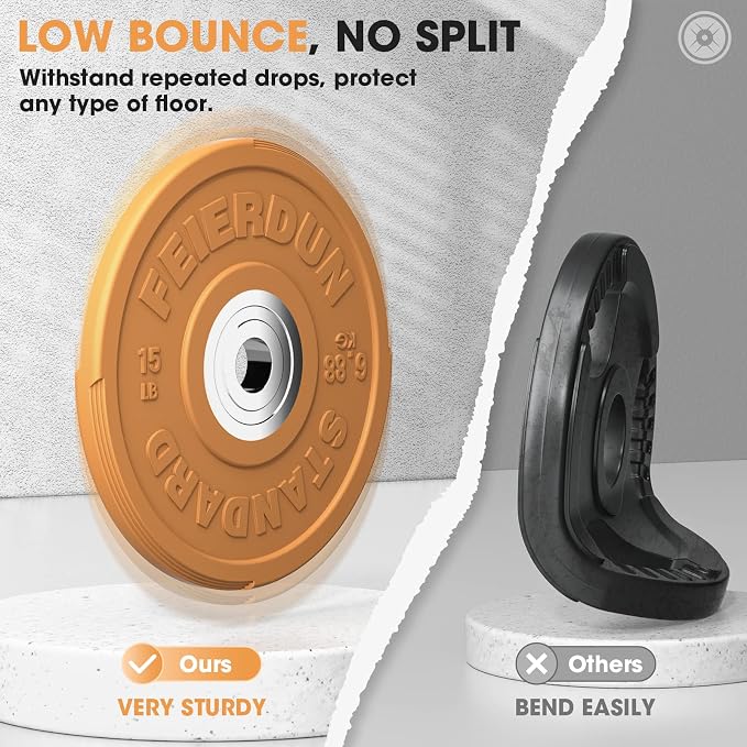 FEIERDUN Color Bumper Plate Set, 2-Inch Olympic Weight Plates, Low Bounce Rubber Barbell Plates with Stainless Steel Insert for Weightlifting, Strength Training, CrossFit & Home Gym, 10LB-370LB
