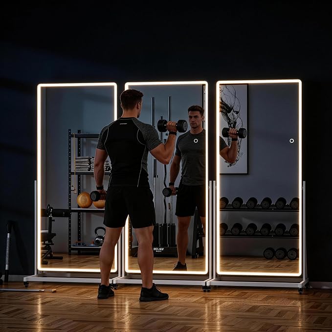 Full-body Rolling Mirror with LED Lights and Wheels, 65" x 24" Home Gym Mirrors with 360° Rotation, Dimmable & 3 Color Lighting Cloakroom, Tempered Glass & Metal Frame, Use for Bedroom, Dance Studio