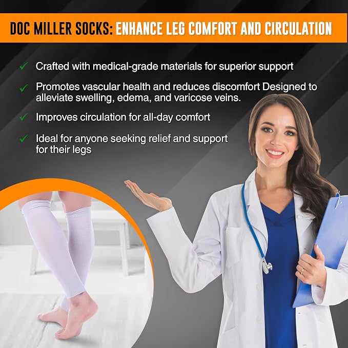 Doc Miller Compression Calf Sleeve for Men & Women, 20-30mmHg | Graduated Support for Running, Shin Splints, Calf Strain, Knee High, Small to 6XL Plus Size