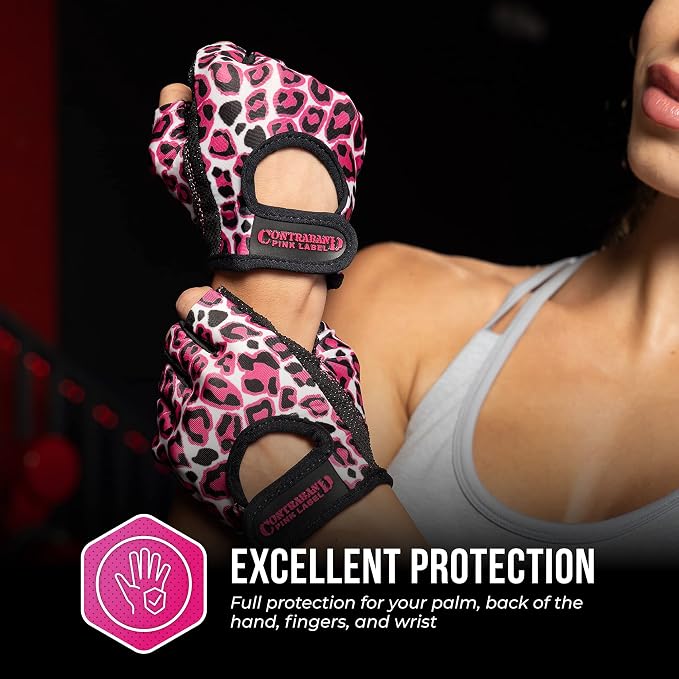 Contraband Pink Label 5297 Womens Design Series Leopard Print Lifting & Rowing Gloves (Pair) - Lightweight Vegan Medium Padded Microfiber Amara Leather w/Griplock Silicone