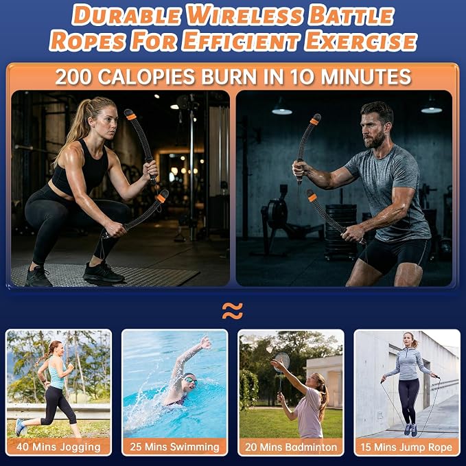 Black Cordless Battle Ropes, Adjustable Weight for Men & Women | Upgraded Ropeless Battle Ropes for Home Gym, Portable Arm Exerciser for Strength Building, HIIT & Low-Impact Aerobic Training