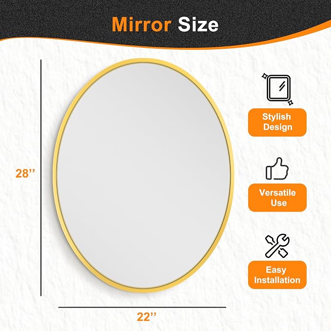 Bathroom Vanity Mirror for Wall, 28''x22'' Gold Oval Bathroom Mirror for Over Sink, Bedroom, Living Room, Entryway, HD Tempered Glass, Wall Mounted Horizontally or Vertically
