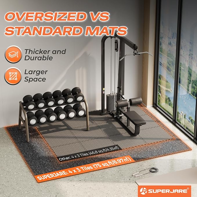 SUPERJARE 30" x 30" Larger Rubber Top Exercise Equipment Mats, 0.56" Thick 12PCS 75 Sq Ft High-Density EVA Foam Interlocking Gym Flooring, Big Workout Mat for Home Gym, Floor Protection, Black/Grey