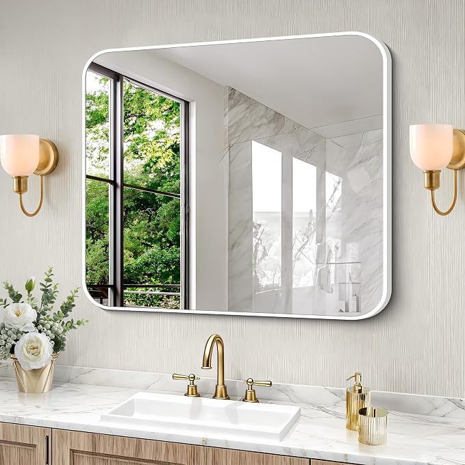 BONEWEI White Bathroom Mirror,30x36 inch Wall Mirror for Bathroom Wall Mounted,Rectangle Mirror for Bathroom Over Sink,Modern Frame Round Corner for Living Room,Bedroom Entryway,Horizontal/Vertical