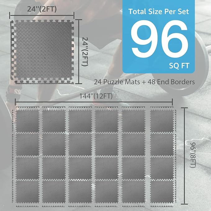 Art3d 96 Sq.Ft Eva Puzzle Exercise Mats, 24"x24" x 1/2" Thick Foam Interlocking Tiles for Flooring, Workout, Gym Equipments, Pack of 24, Grey