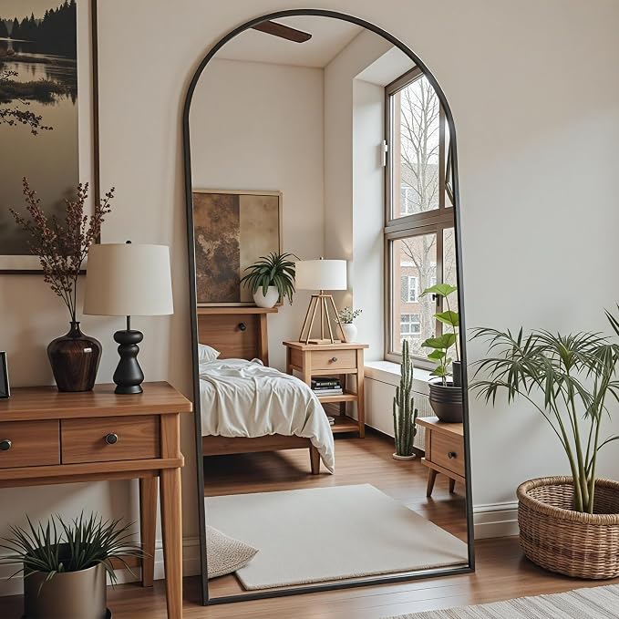 Floor Mirror, 78"x38" Oversized Full Length Mirror with Stand, Arched Full Body Mirror Standing Hanging Leaning Against Wall, Aluminum Frame Giant Mirrors for Bedroom Cloakroom, Black