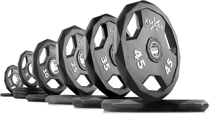 XMARK Black Diamond Olympic Weight Plates 2-Inch, Rubber Barbell Plates with Tri-Grip Handles for Home Gym Strength Training